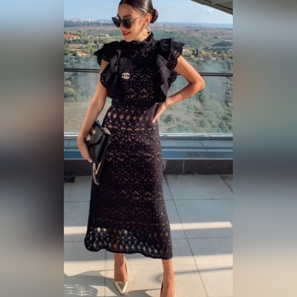Zara Black Ruffle Crochet Dress